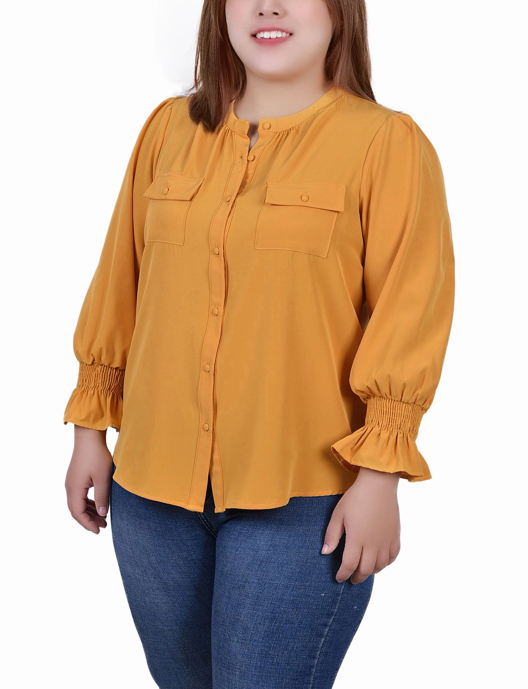 Plus Size Long Sleeve Y Neck Blouse Yarn Dye Stripe