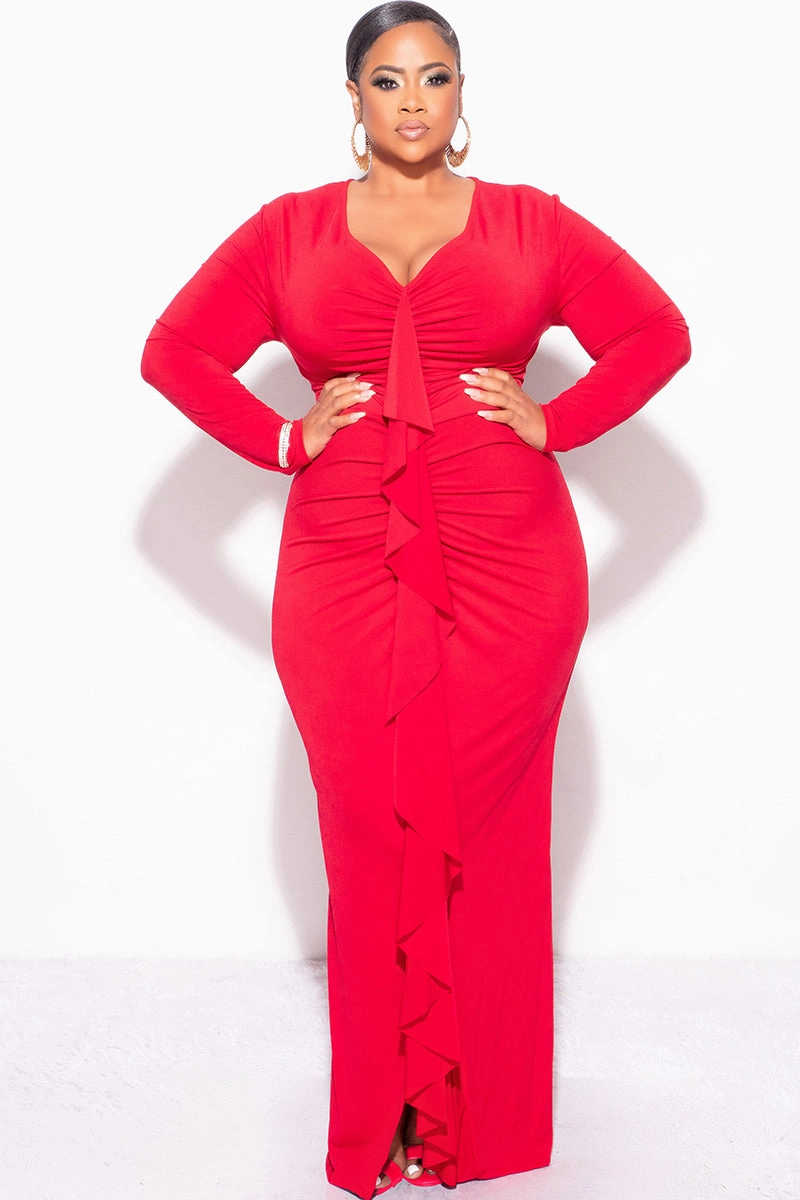 Final Sale Plus Size V-Neck Gown with Ruched Center & Ruffle in Red Self Fabric Tie Closure FlexFit Technology