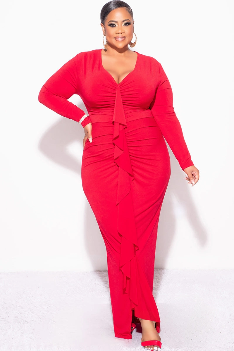 Reflective Accent Trim Final Sale Plus Size V-Neck Gown with Ruched Center & Ruffle in Red
