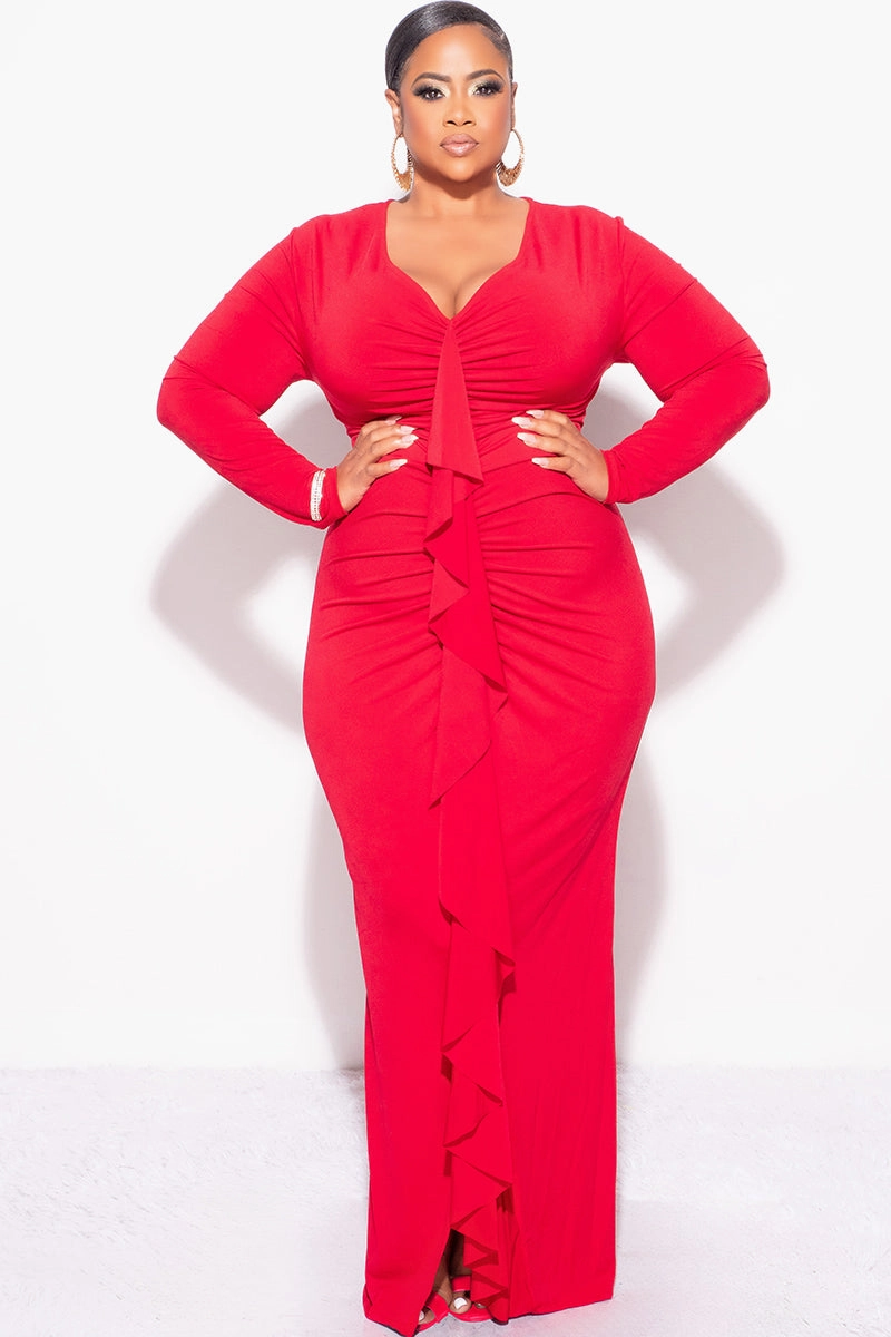 Formal Elegance Final Sale Plus Size V-Neck Gown with Ruched Center & Ruffle in Red