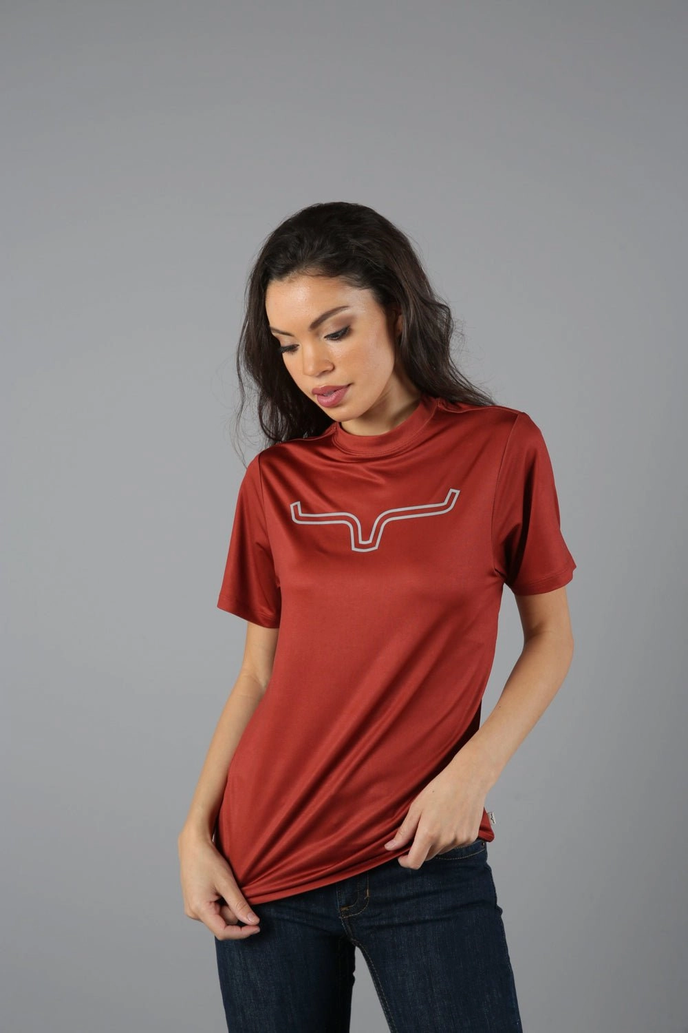 Kimes Ranch Womens Outlier Tech Tee Rust Cotton Blend S/S T-Shirt Social Meetup Micro Perforated Texture