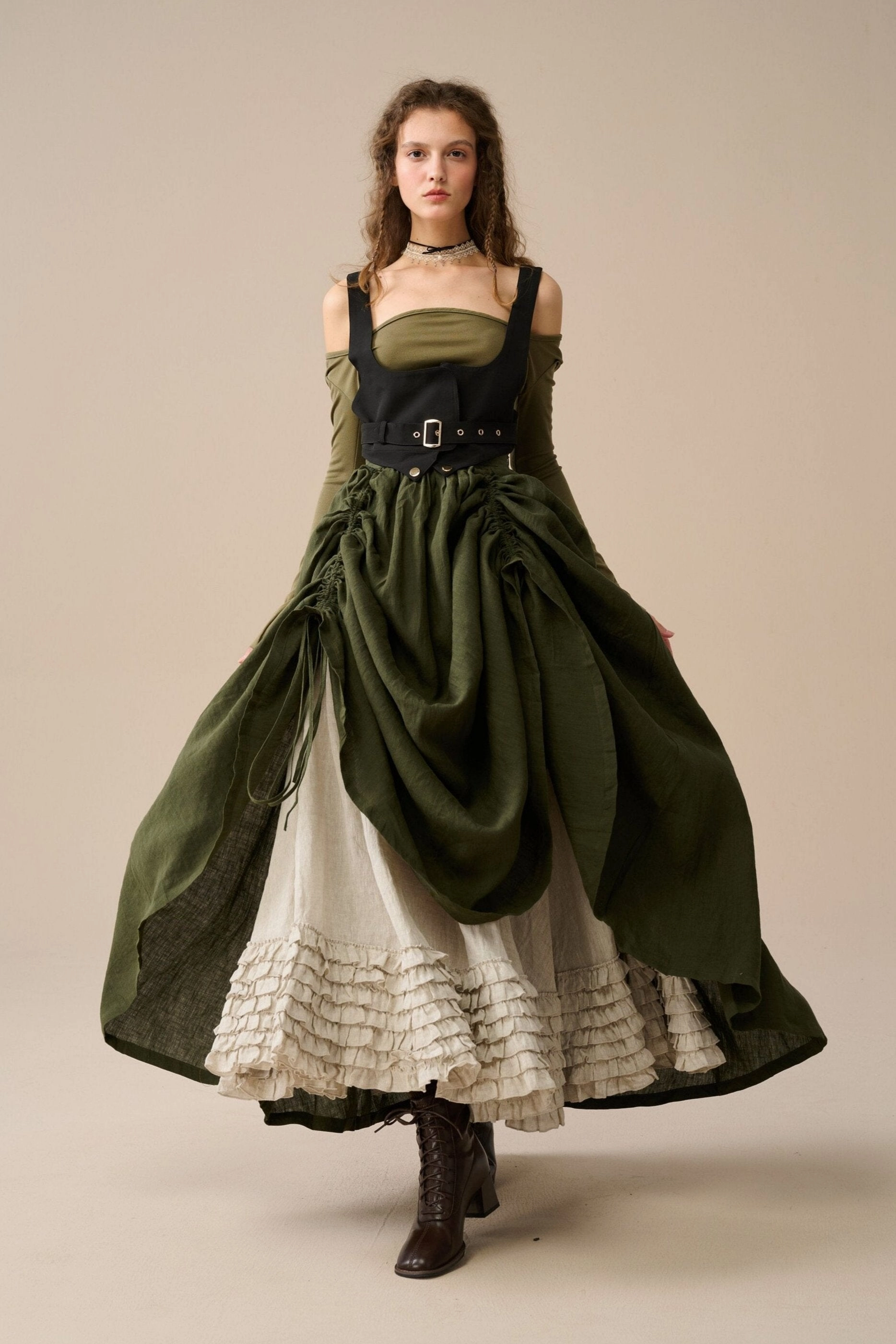 Pearl 15 | Ruffled drawstring linen skirt Multipanel Construction