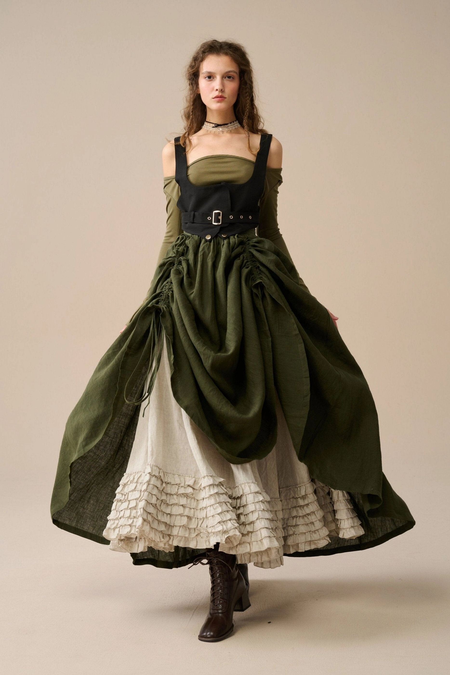 Pearl 15 | Ruffled drawstring linen skirt Openwork Lattice Pattern Multi Layer Weaving