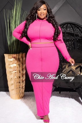 Final Sale Plus Size Ribbed 2pc Outer Sems Crop Front Knot Top and Pencil Skirt Set in Fuchsia Low Maintenance Convertible legs