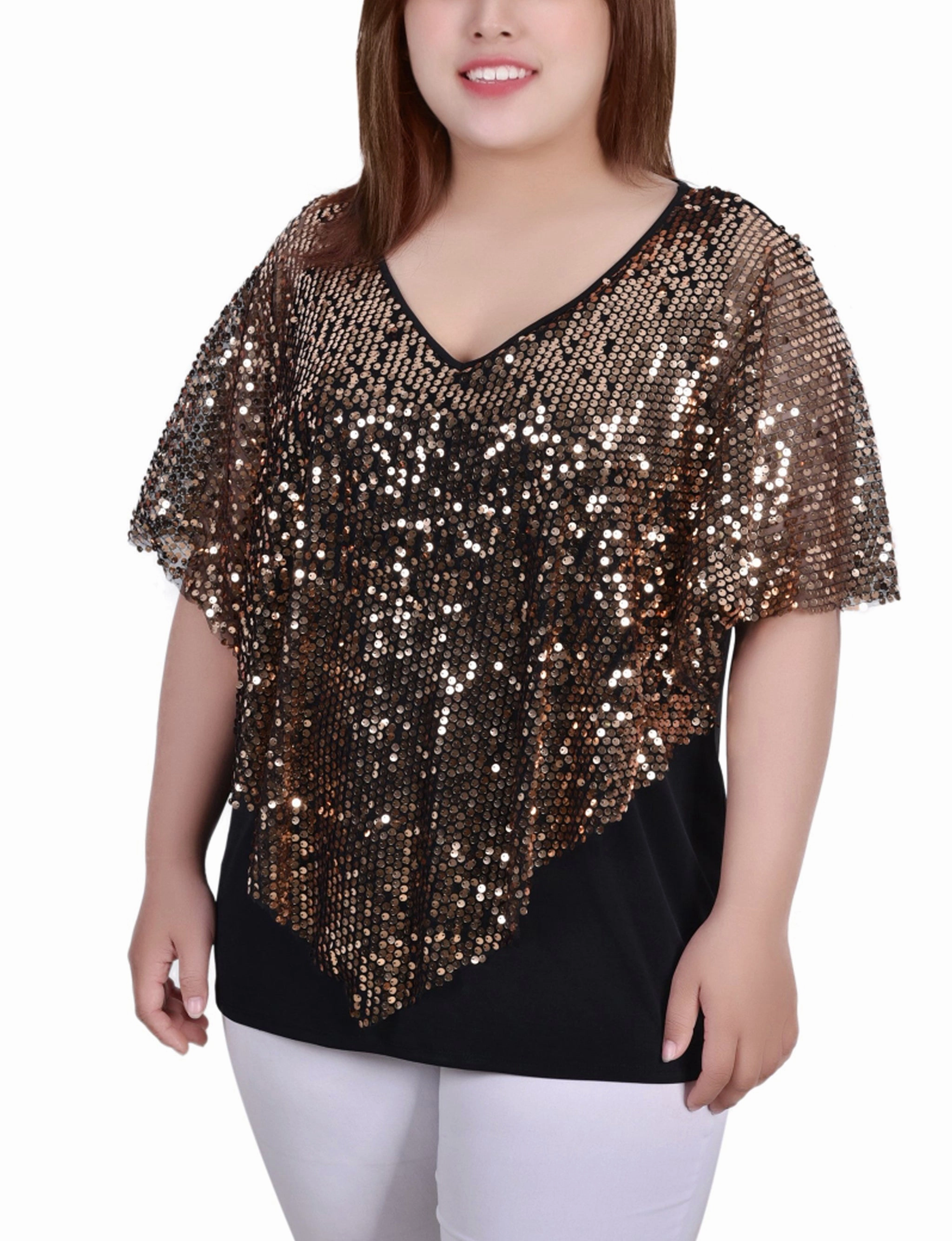 Plus Size Sequin-Front Poncho Stylish Look