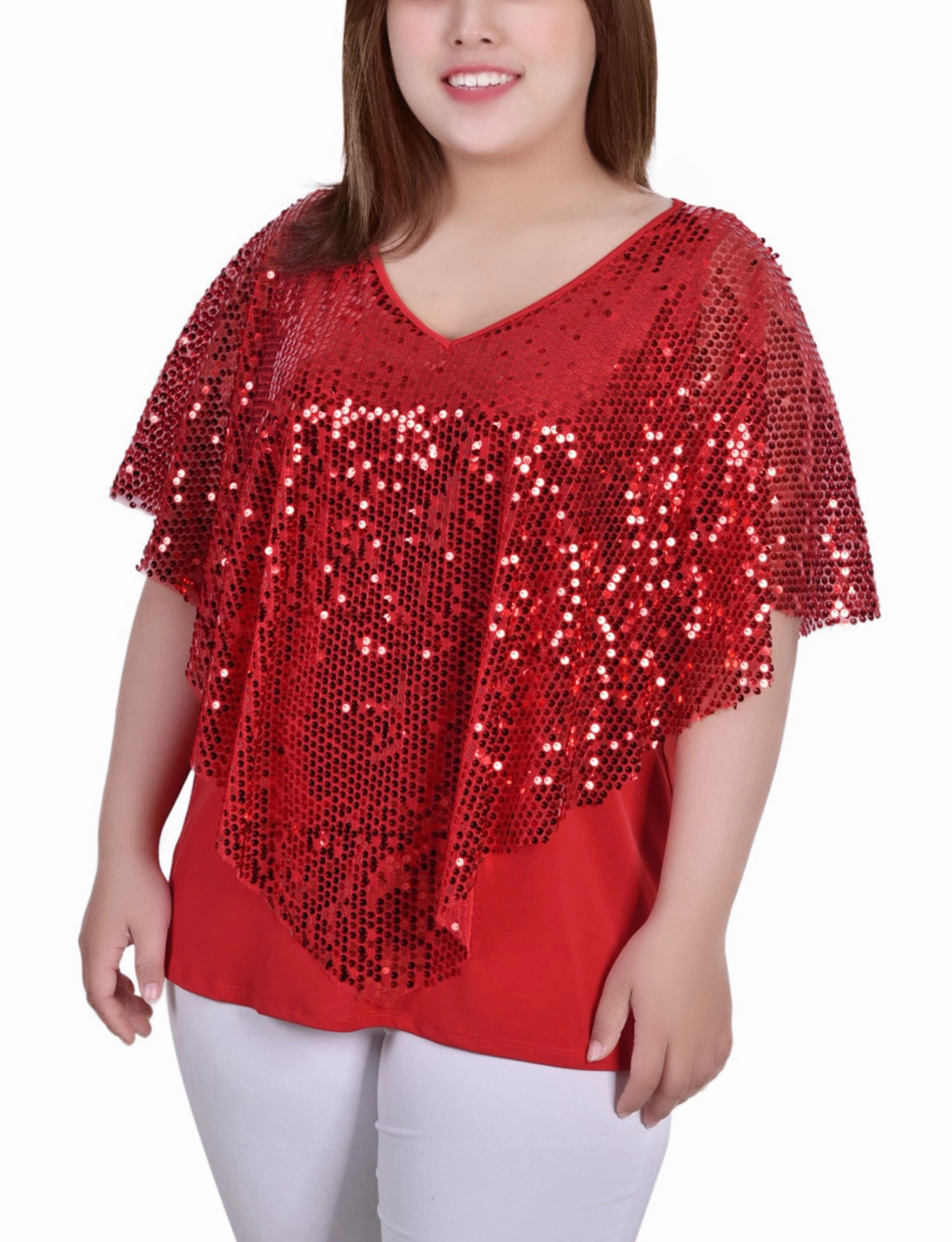 Plus Size Sequin-Front Poncho AdjustableCuffs Antibacterial Fabric