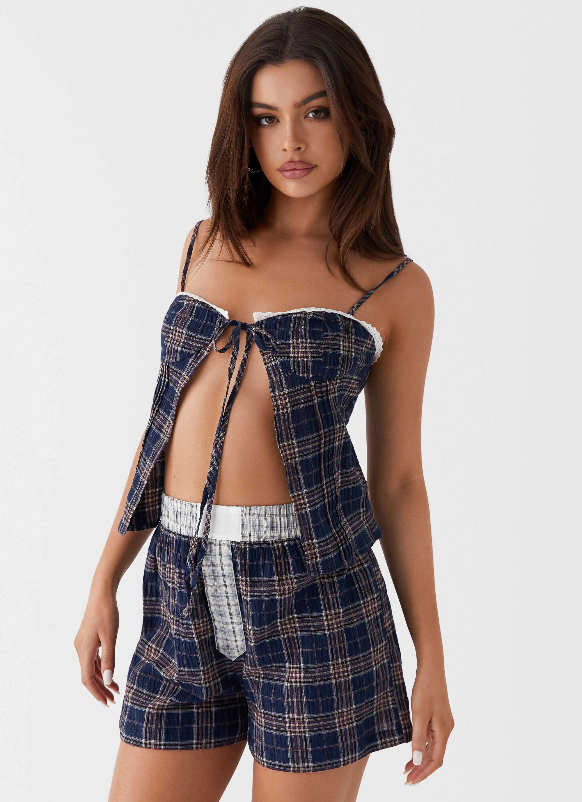 Non Chafing Edges Tamaira Tie Top - Navy Check