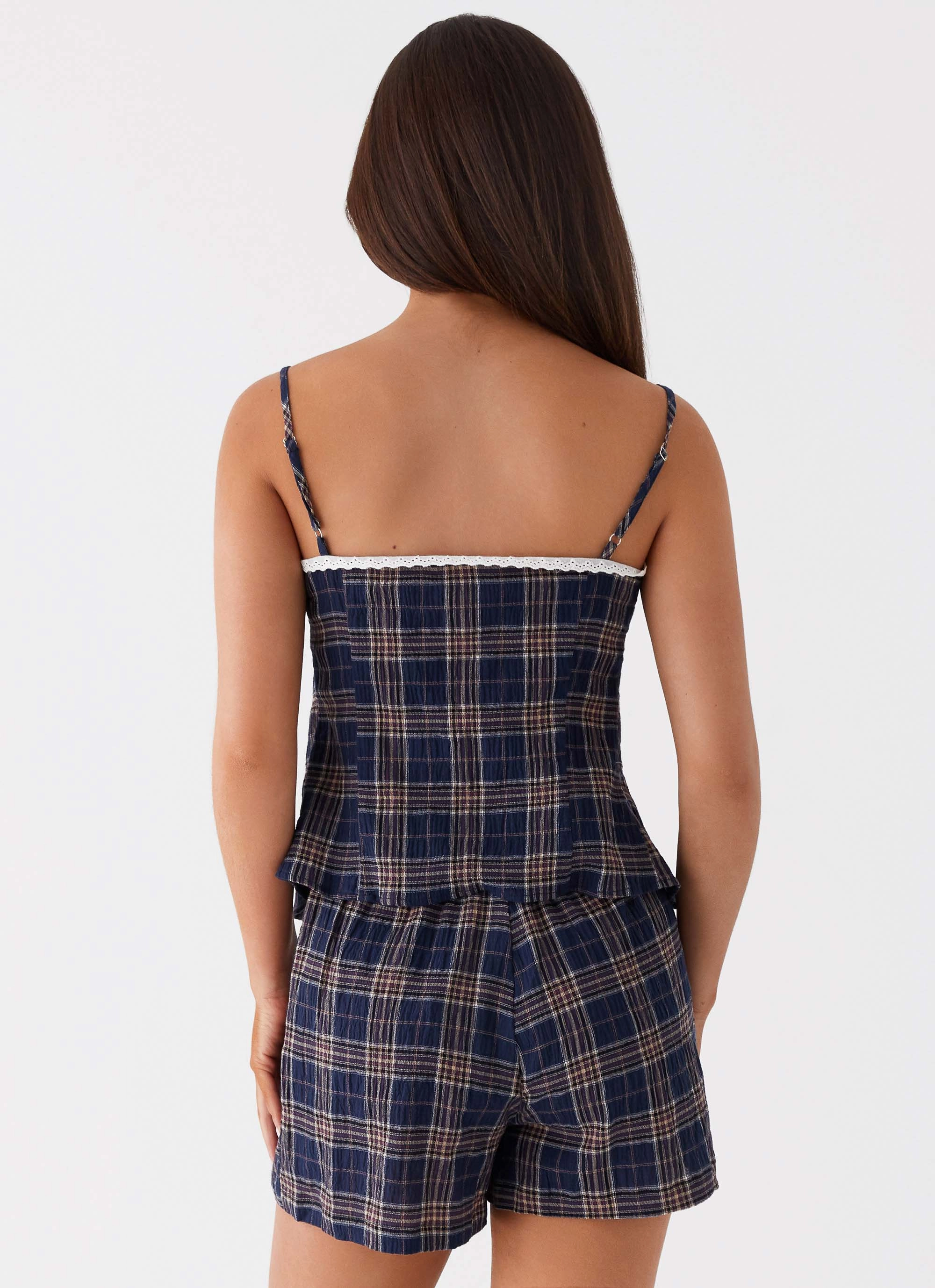 Tamaira Tie Top - Navy Check Moisture Control Lining