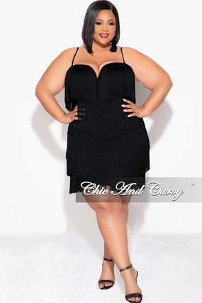 Wrinkle Resistant Textile Final Sale Plus Size Spaghetti Strap BodyCon Fringe Dress in Black