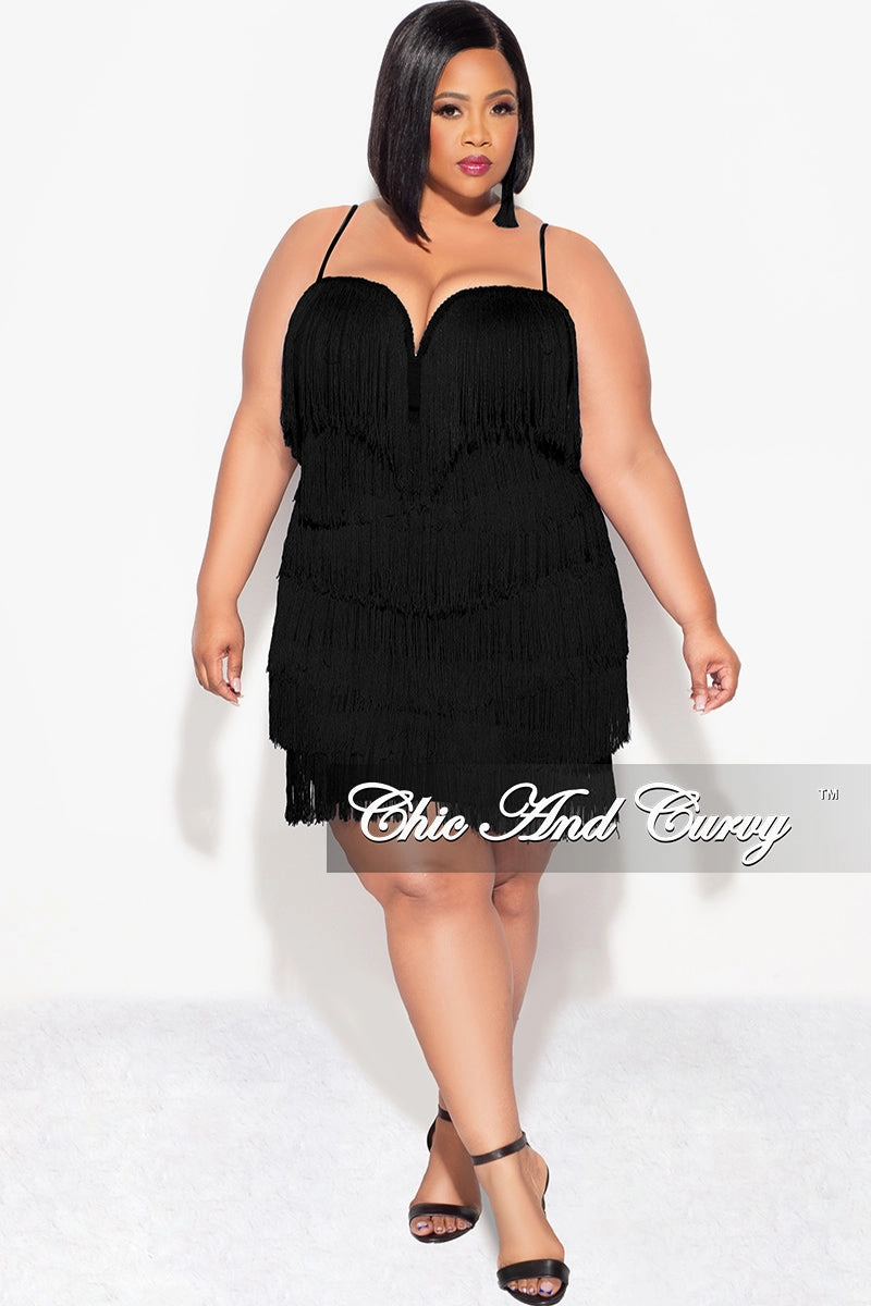 Reinforced Hems Anti Fade Technology Final Sale Plus Size Spaghetti Strap BodyCon Fringe Dress in Black