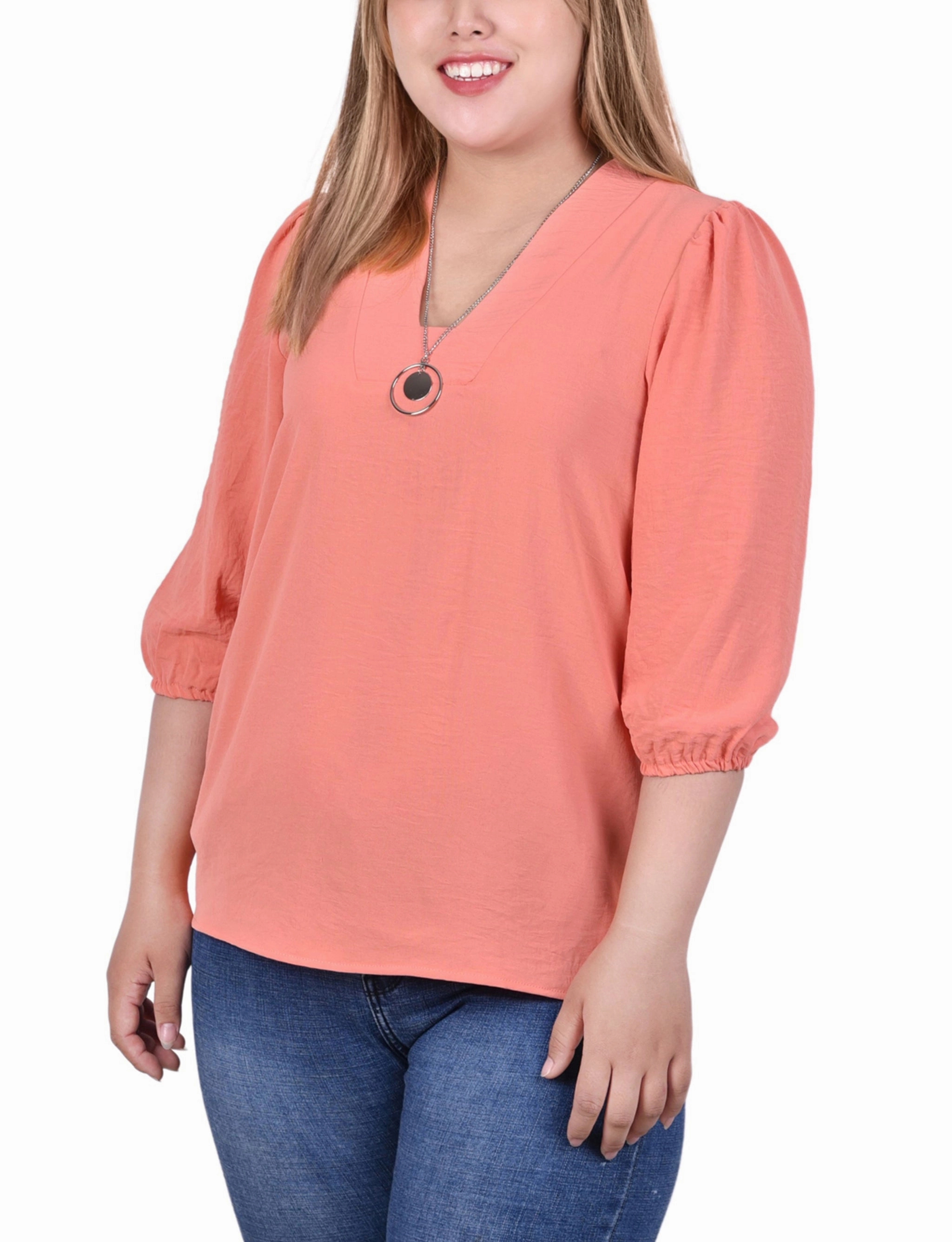 TactileWeave Temperature Control Technology Plus Size 3/4 Puff Sleeve Blouse With Detachable Necklace