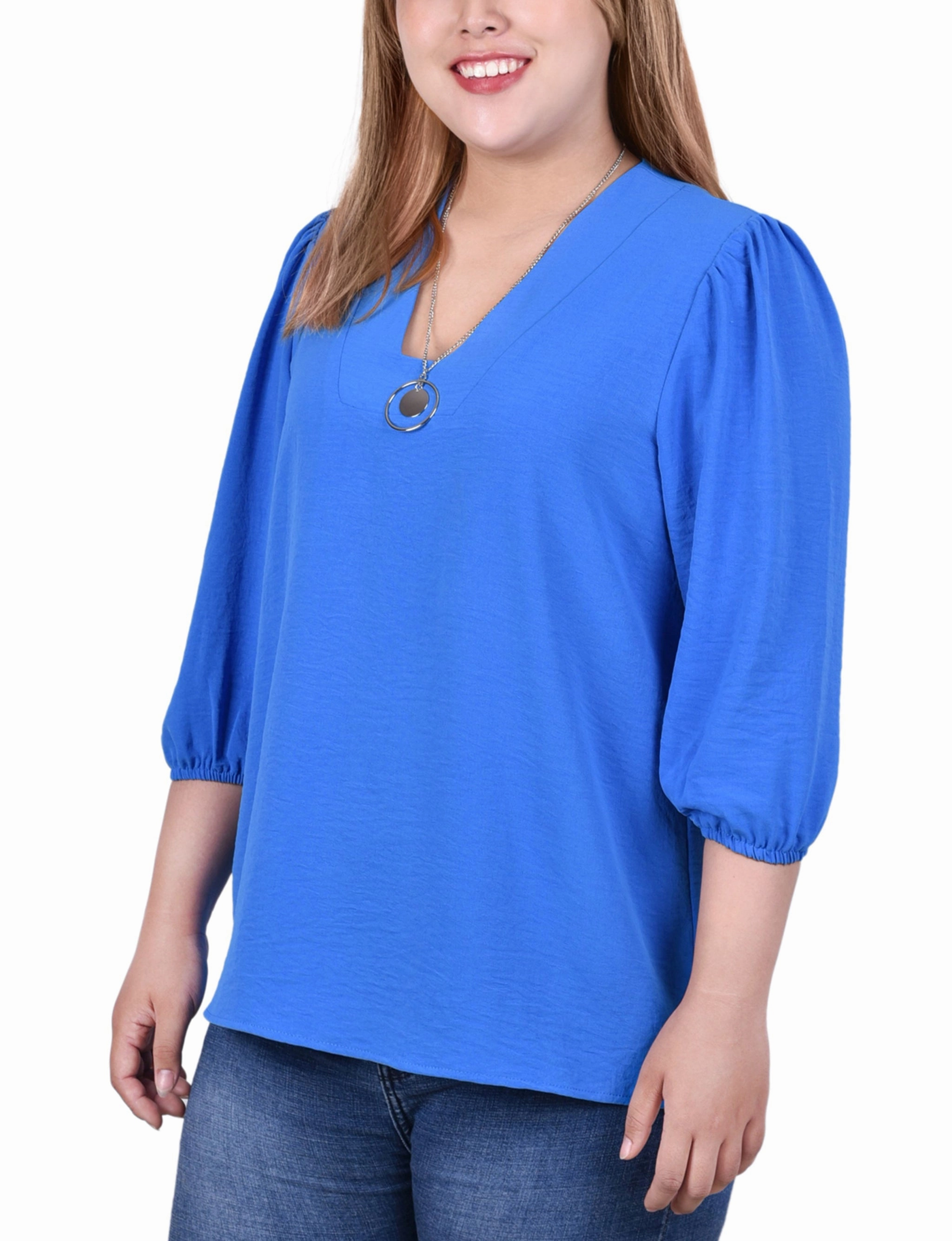 Plus Size 3/4 Puff Sleeve Blouse With Detachable Necklace PreShrunkFabric Airflow Mesh Insert