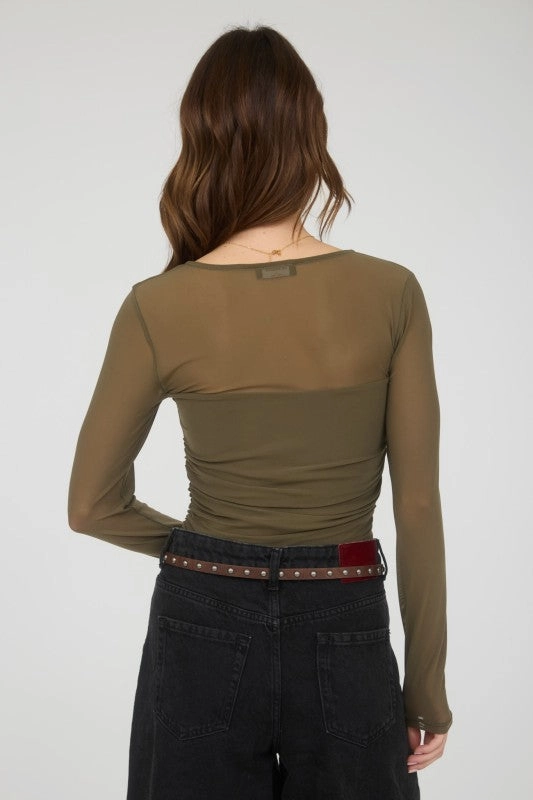 Rhonda Ruched Waist Square Neck Long Sleeve Knit Top WindproofBarrierTechnology Layered Panel Construction