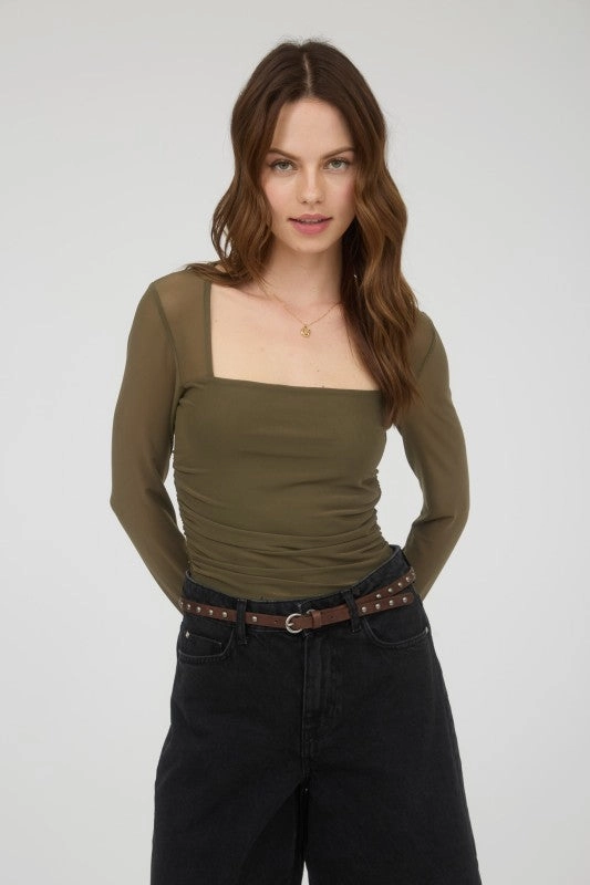 UV protection coating All Purpose Casual Cut Rhonda Ruched Waist Square Neck Long Sleeve Knit Top