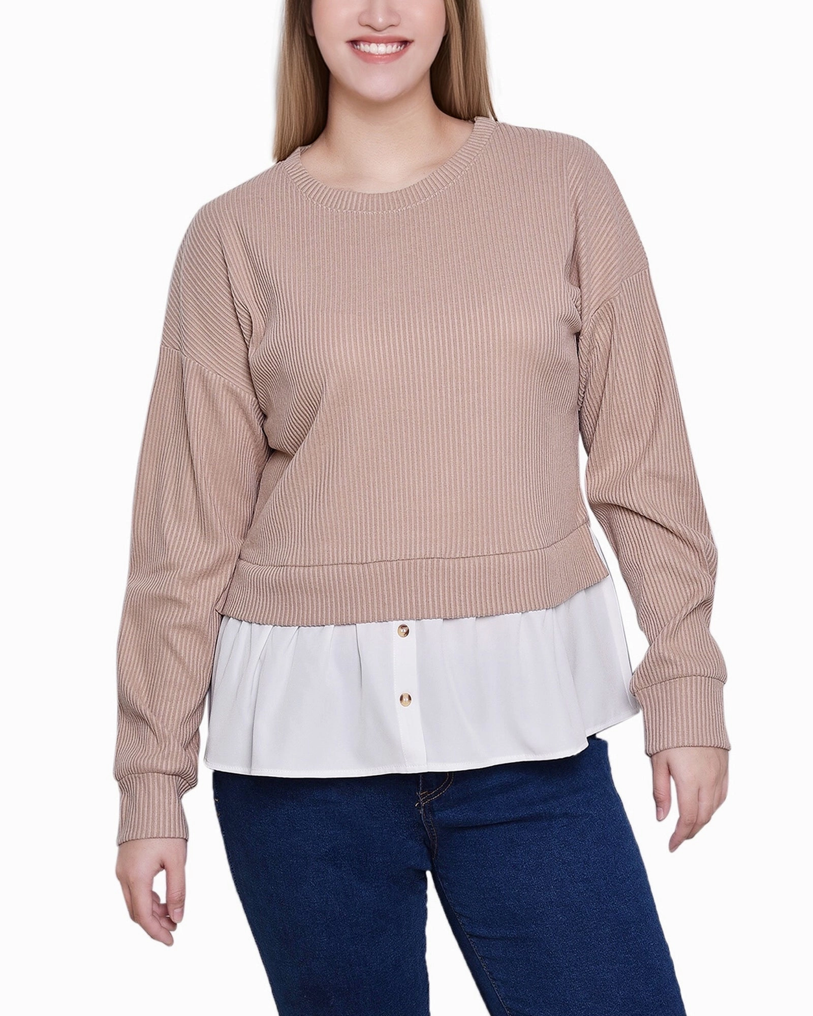 LowProfileZipperSystem Petite Long Sleeve Two-Fer Top With Gathered Inset
