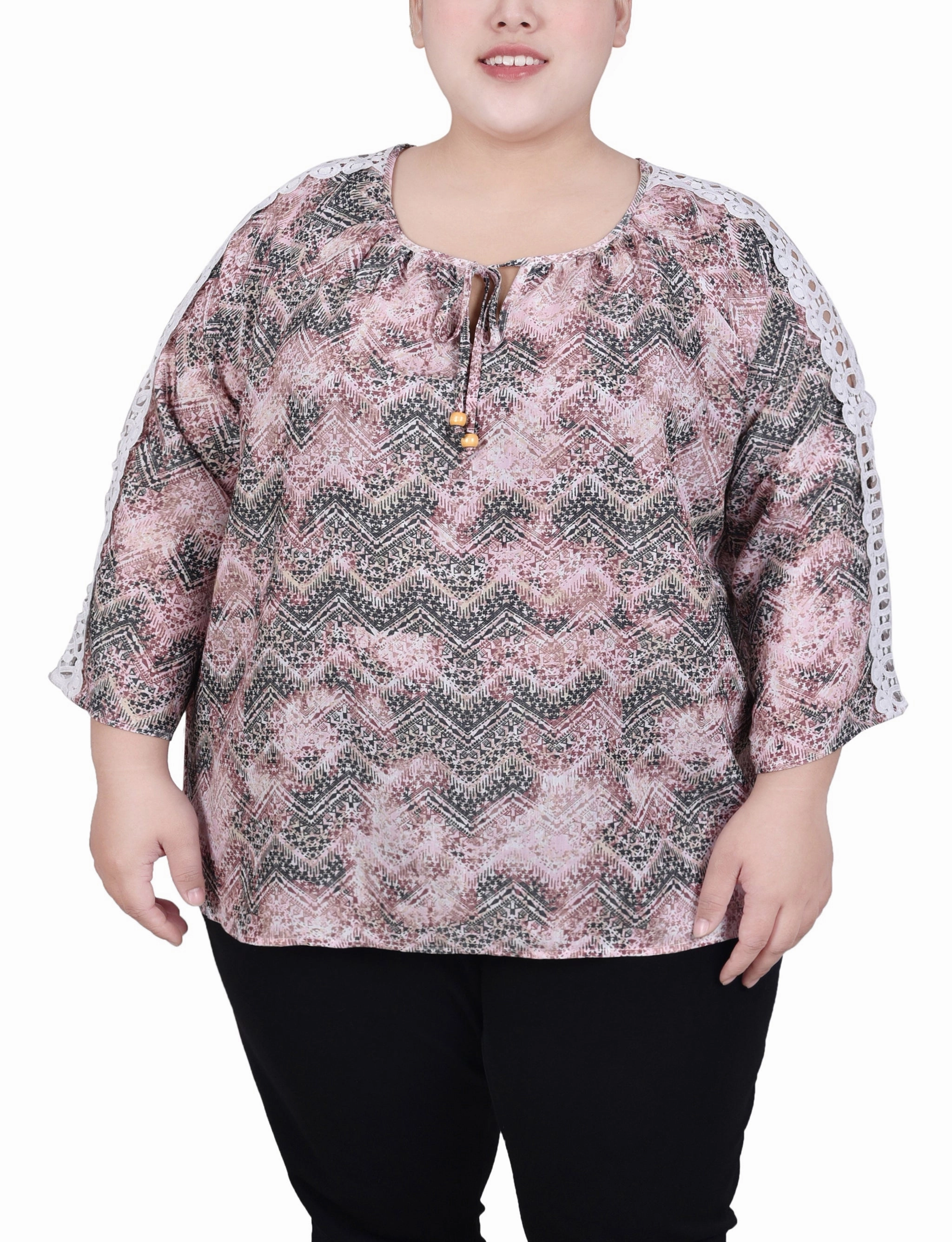 Plus Size 3/4 Sleeve Crochet Detail Blouse Comfy Cardigan NoRoll Hem Technology