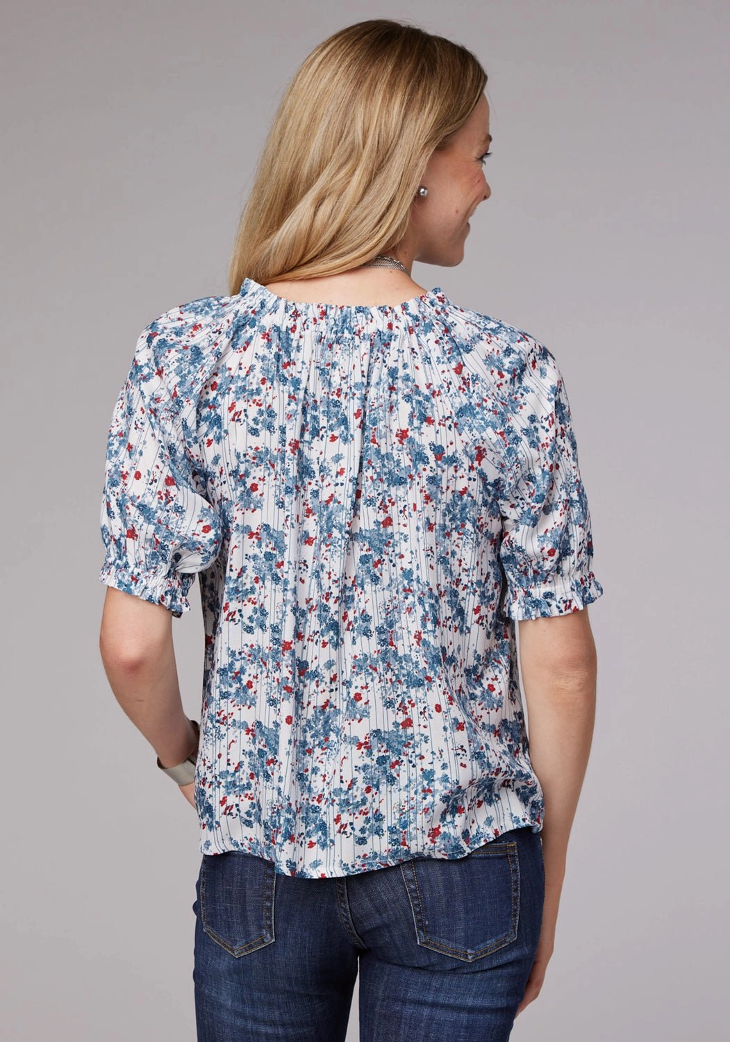 crew neck Roper Womens 2074 Ditzy Floral White 100% Rayon S/S Blouse