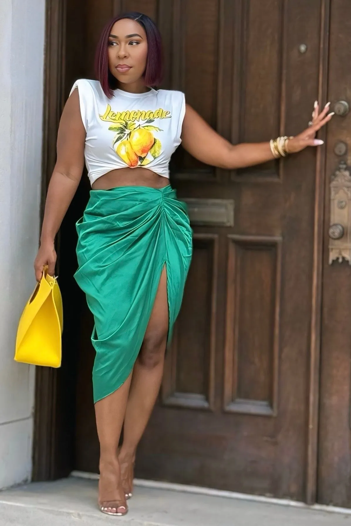 Laura Bustle Butt High Slit Midi Skirt-Green Relaxed Vibe