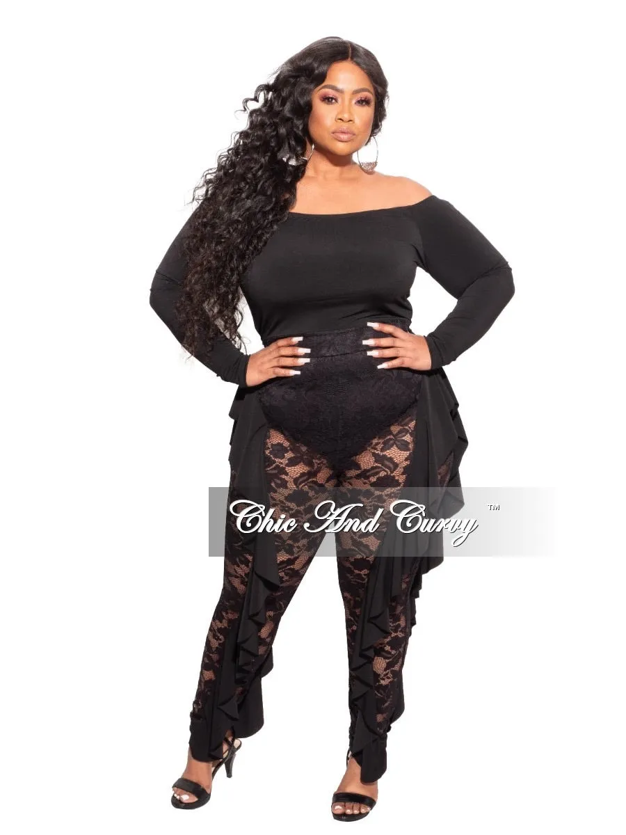 Final Sale Plus Size Long Sleeve Off The Shoulder Jumpsuit in Black Lace Abrasion Proof Reinforcements Quick Fit