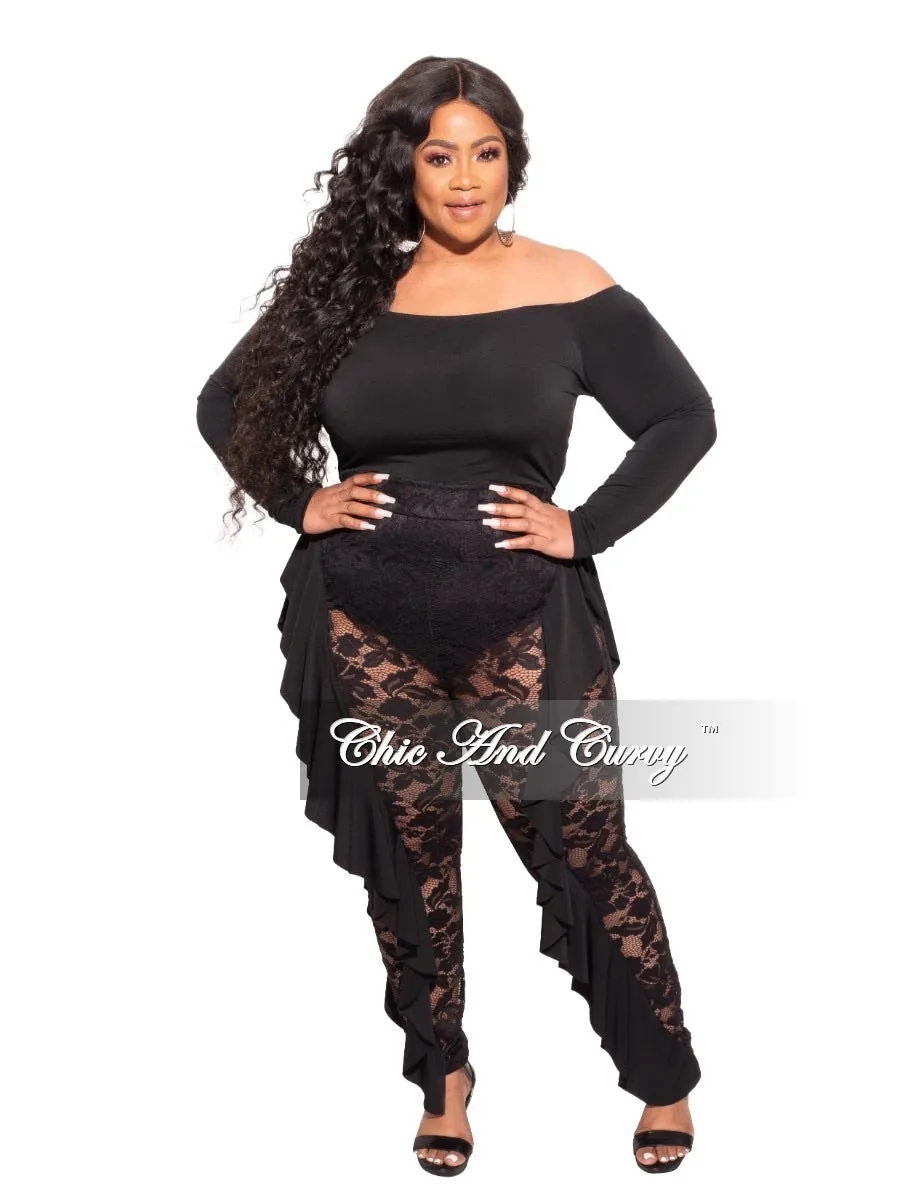 Versatile Design Final Sale Plus Size Long Sleeve Off The Shoulder Jumpsuit in Black Lace