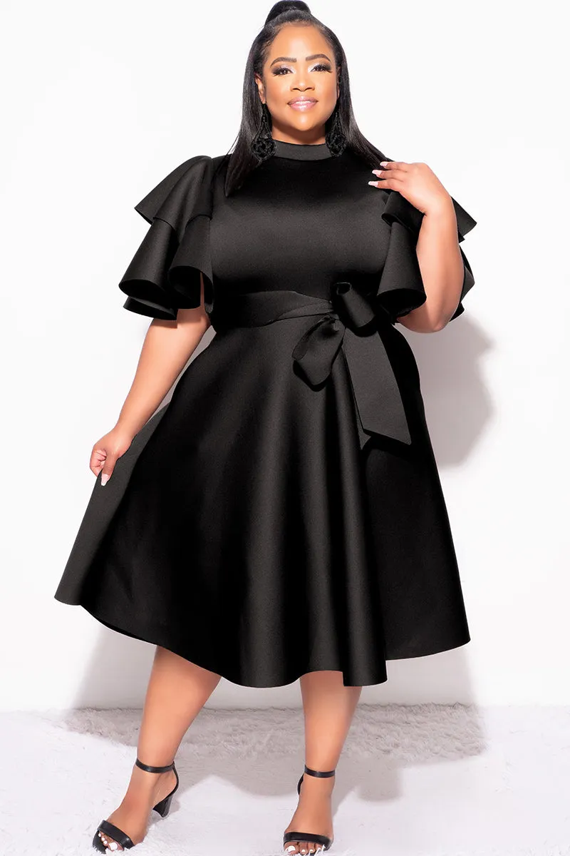 Breathable fabric Final Plus Size Dress with Ruffle Sleeve and Tie in Black Scuba