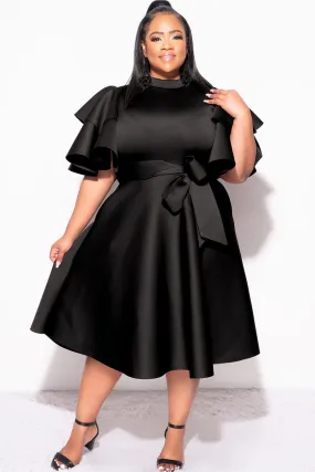 Final Plus Size Dress with Ruffle Sleeve and Tie in Black Scuba Athletic Comfort Snag Proof Fabric