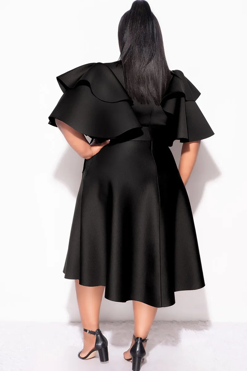 Final Plus Size Dress with Ruffle Sleeve and Tie in Black Scuba Cozy Movement