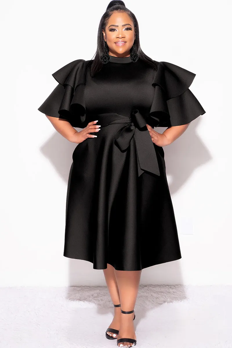 Stain Resistant Final Plus Size Dress with Ruffle Sleeve and Tie in Black Scuba