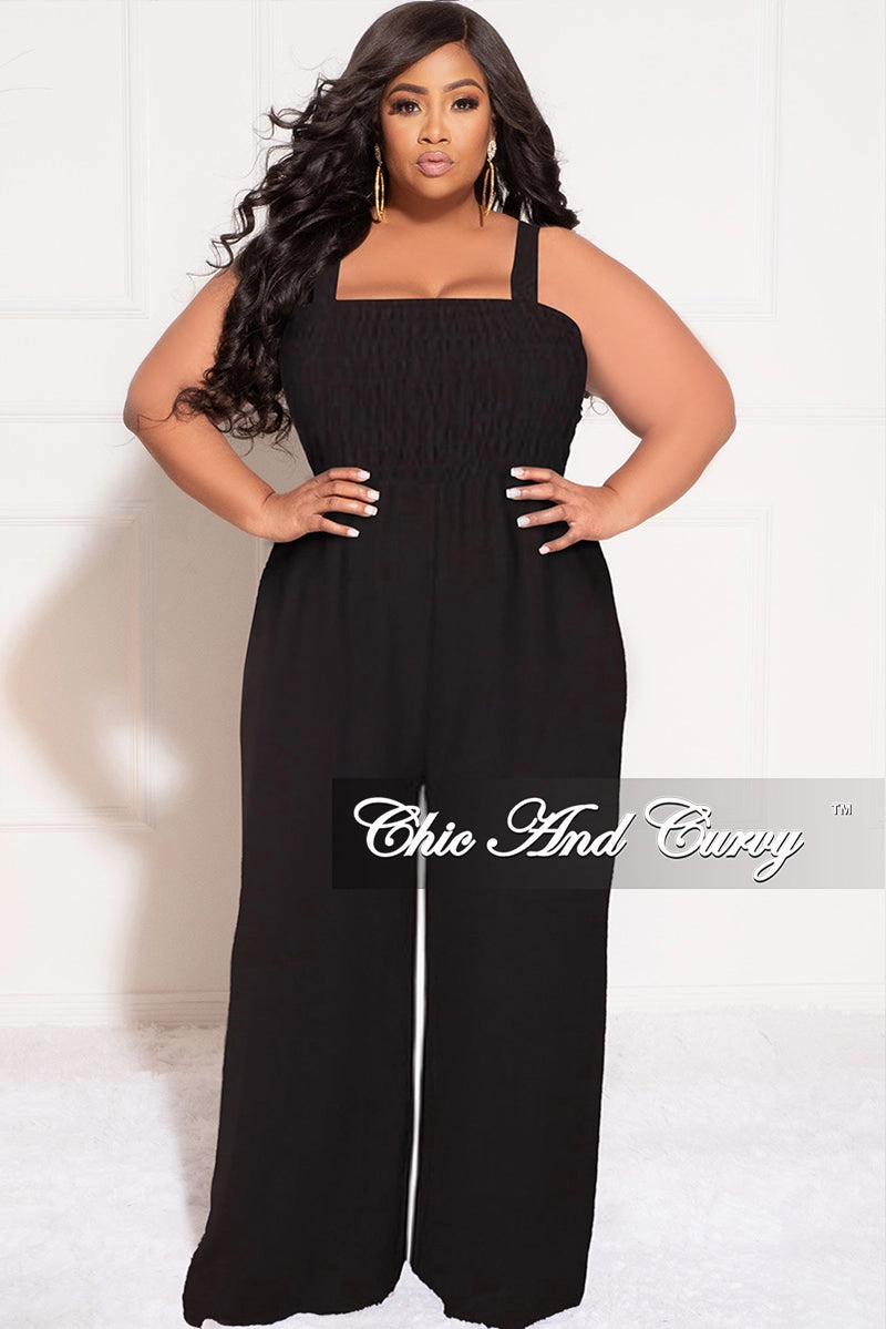 Final Sale Plus Size Sleeveless Shirred Jumpsuit in Black Thermal regulation Quick Fit Design