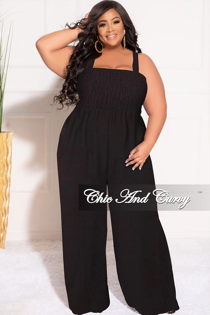 soft fit Final Sale Plus Size Sleeveless Shirred Jumpsuit in Black