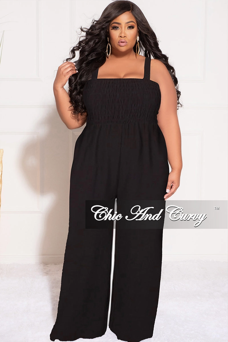 Flexible Knee Panels Final Sale Plus Size Sleeveless Shirred Jumpsuit in Black