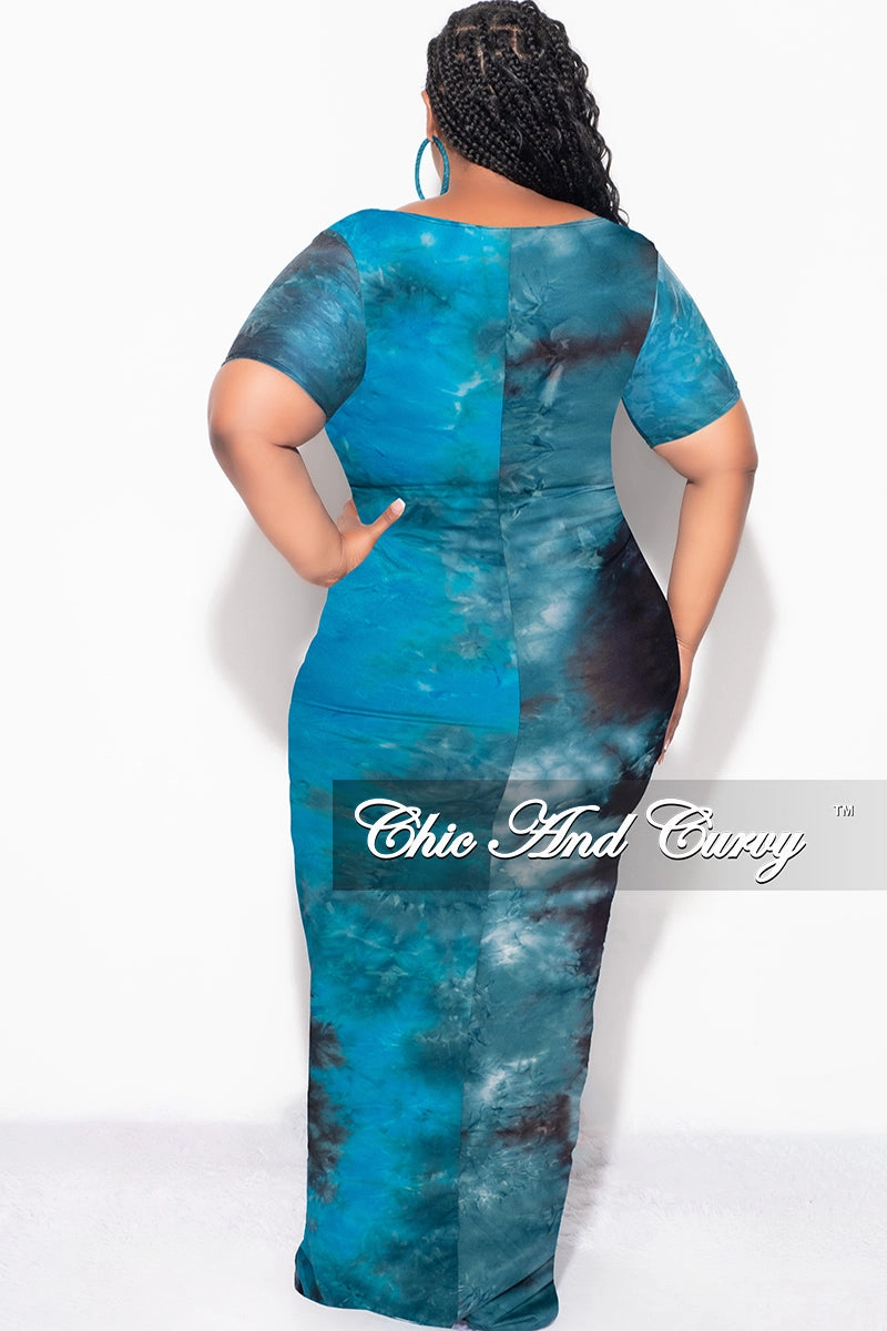 SustainableManufacturing Adjustable Fit Final Sale Plus Size Short Sleeve Deep Scoop Neck Maxi Dress in Turquoise & Black Tie Dye Print
