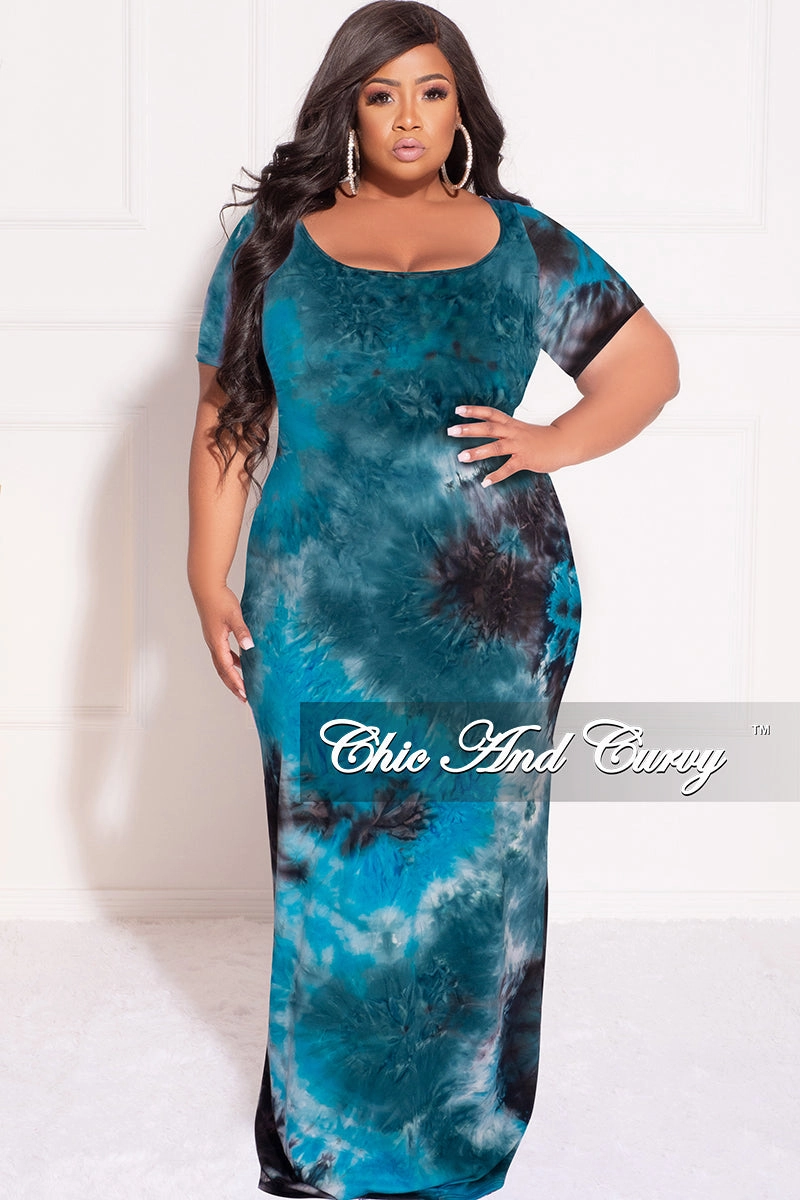 Cool Comfort Final Sale Plus Size Short Sleeve Deep Scoop Neck Maxi Dress in Turquoise & Black Tie Dye Print