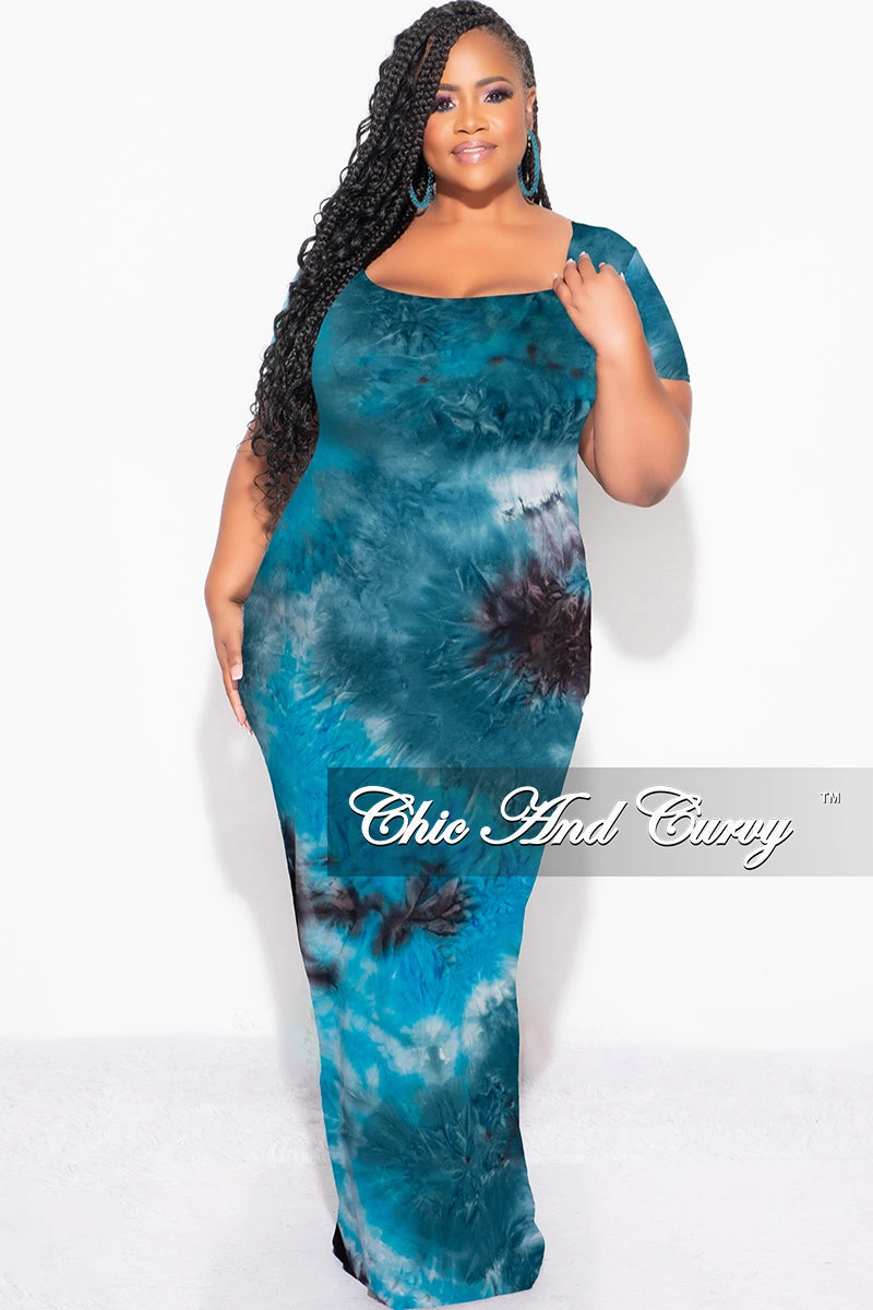 Casual Vibes work mode Final Sale Plus Size Short Sleeve Deep Scoop Neck Maxi Dress in Turquoise & Black Tie Dye Print