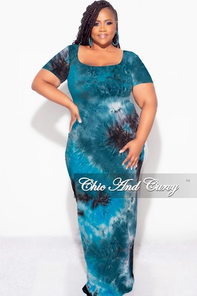 Final Sale Plus Size Short Sleeve Deep Scoop Neck Maxi Dress in Turquoise & Black Tie Dye Print Shape Retention