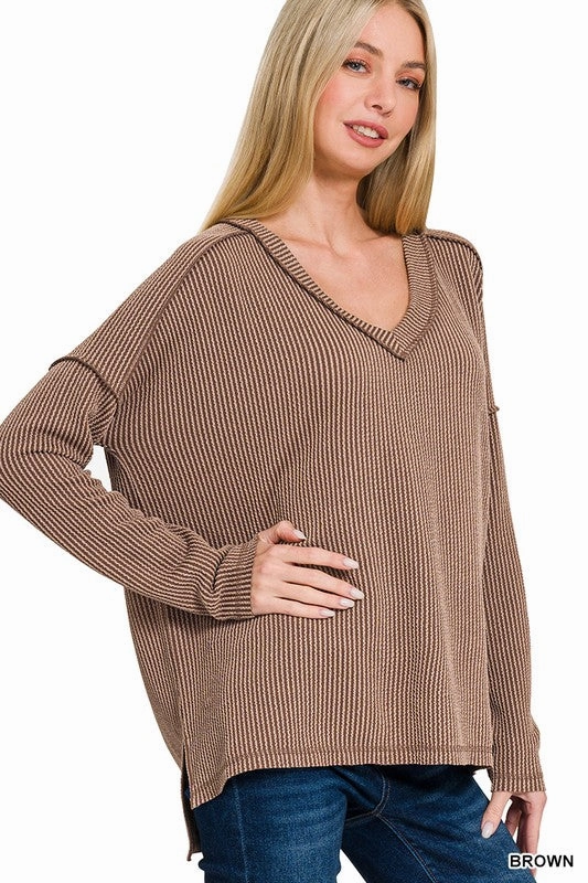 YarnDye Technique Carly Corded Rib Long Sleeve Hi-low V Neck Top S-XL