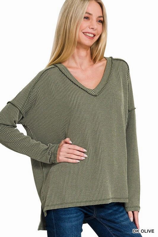 TwoToneEffect Quick Access Slit Carly Corded Rib Long Sleeve Hi-low V Neck Top S-XL
