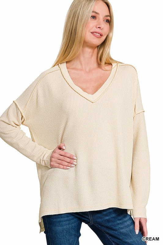 Carly Corded Rib Long Sleeve Hi-low V Neck Top S-XL MicroPerforated Details