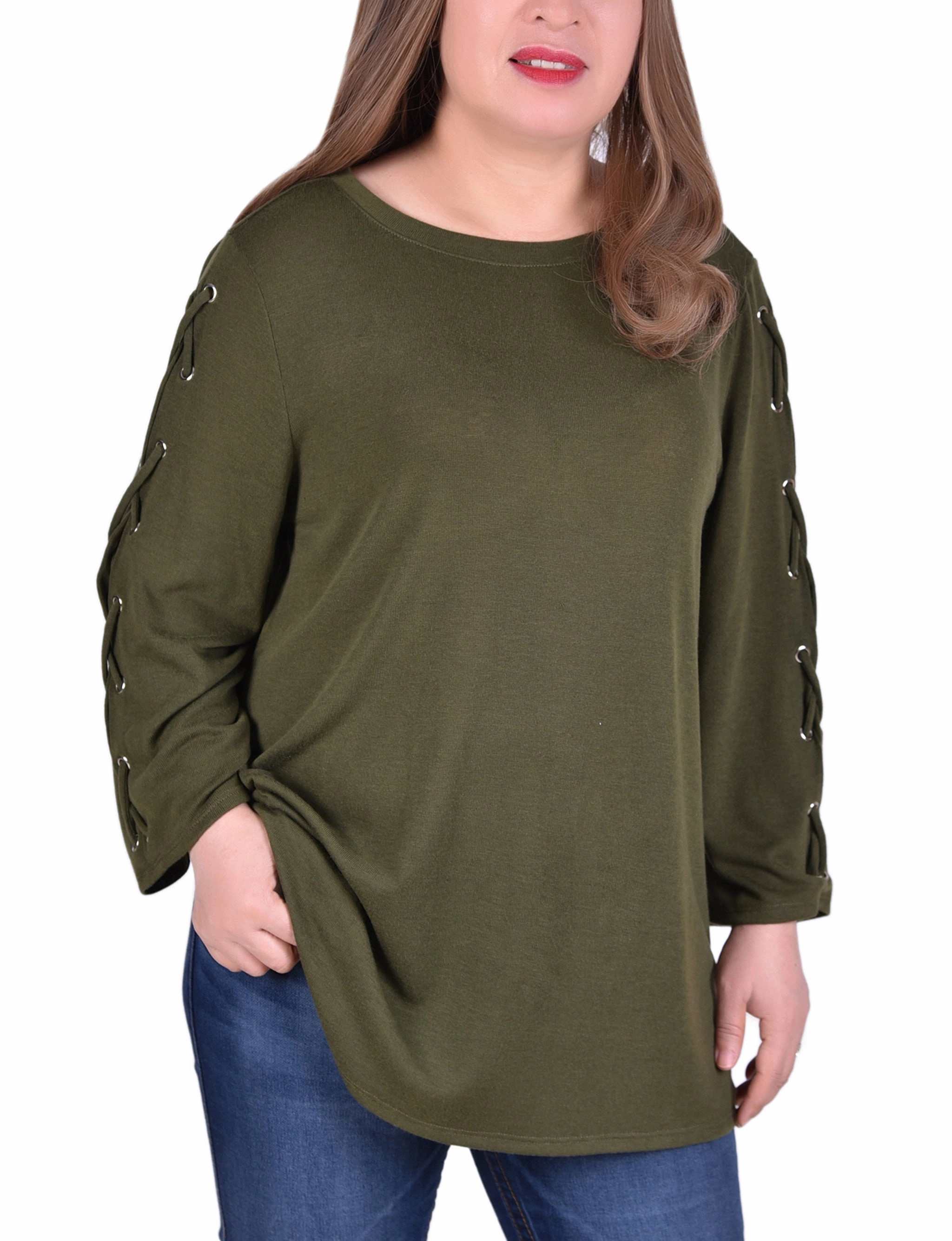 Plus Size Laced Sleeve Top Four Way Stretch Fabric NonRestrictive Cut