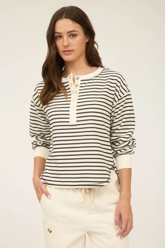 Sarah Stripe Henley Snap Button Long Sleeve Knit Top AllDay Comfort Tech AdjustableHem