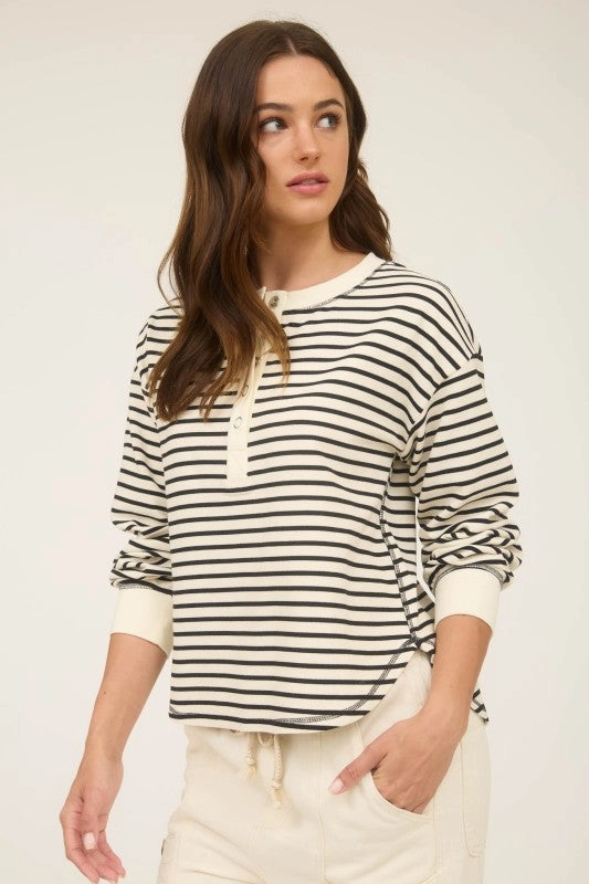 Yarn Dyed Fabric V Neck Design Sarah Stripe Henley Snap Button Long Sleeve Knit Top