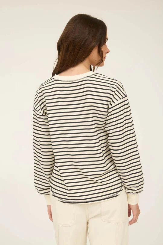 Bound Seam Edges Sarah Stripe Henley Snap Button Long Sleeve Knit Top