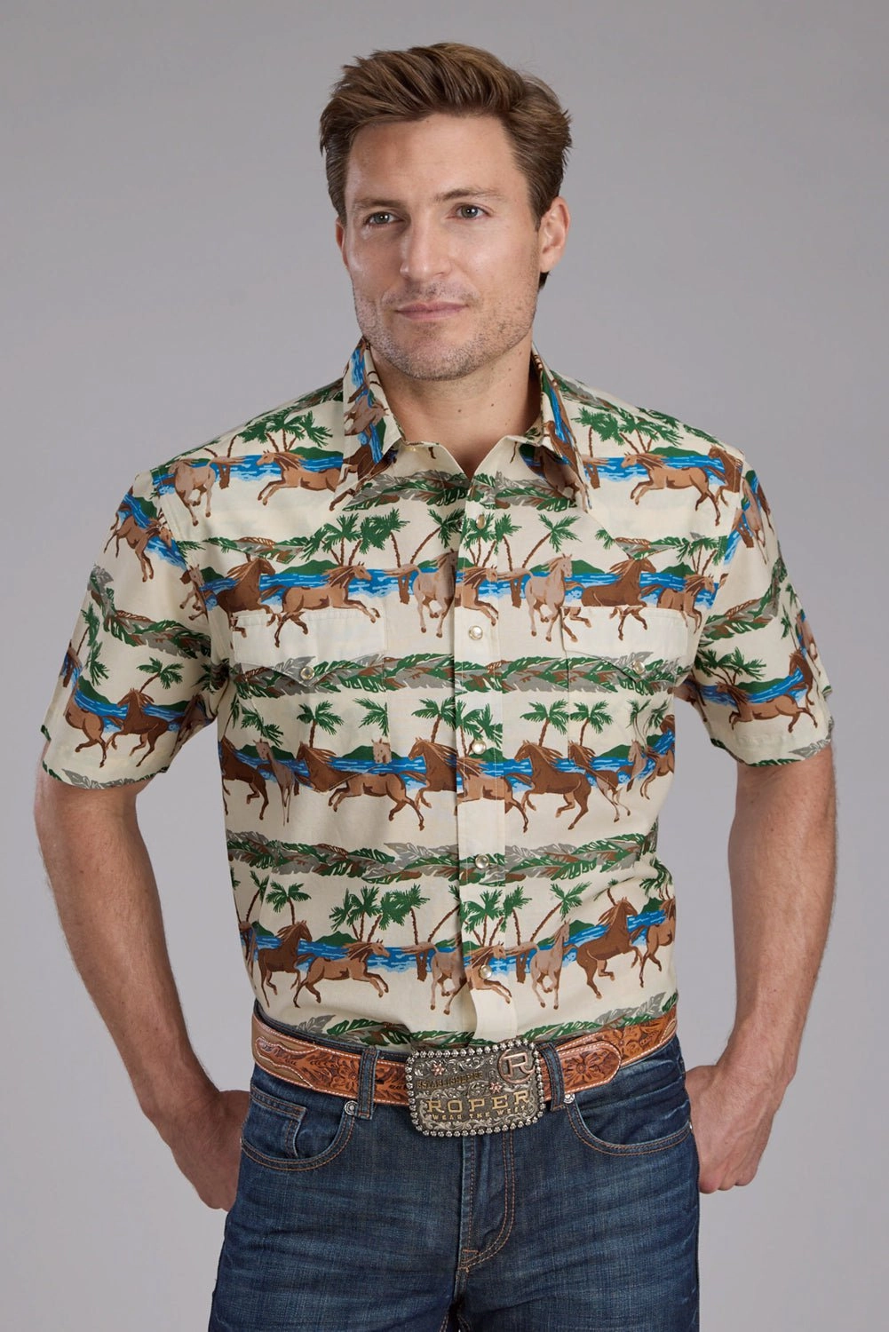 Soft touch finish Roper Mens Tropical Horses Brown/Green 100% Cotton S/S Shirt