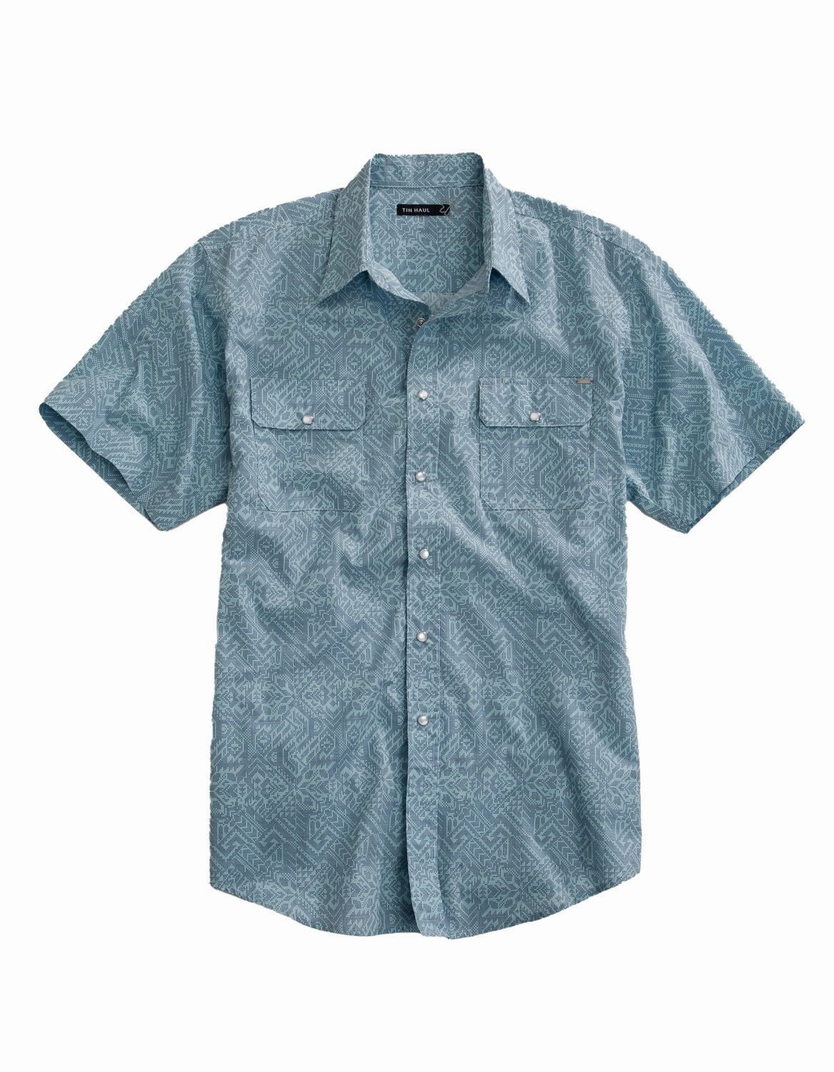 Tin Haul Mens Dot Matrix Aztec Blue 100% Cotton S/S Shirt Solid Hue