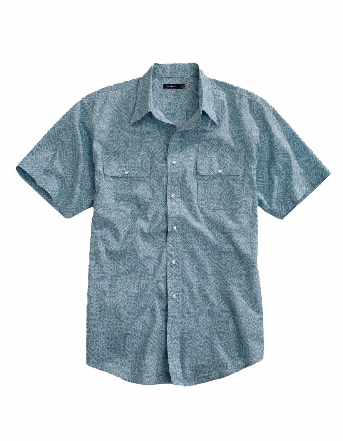 Tin Haul Mens Dot Matrix Aztec Blue 100% Cotton S/S Shirt Flex Fit Collar