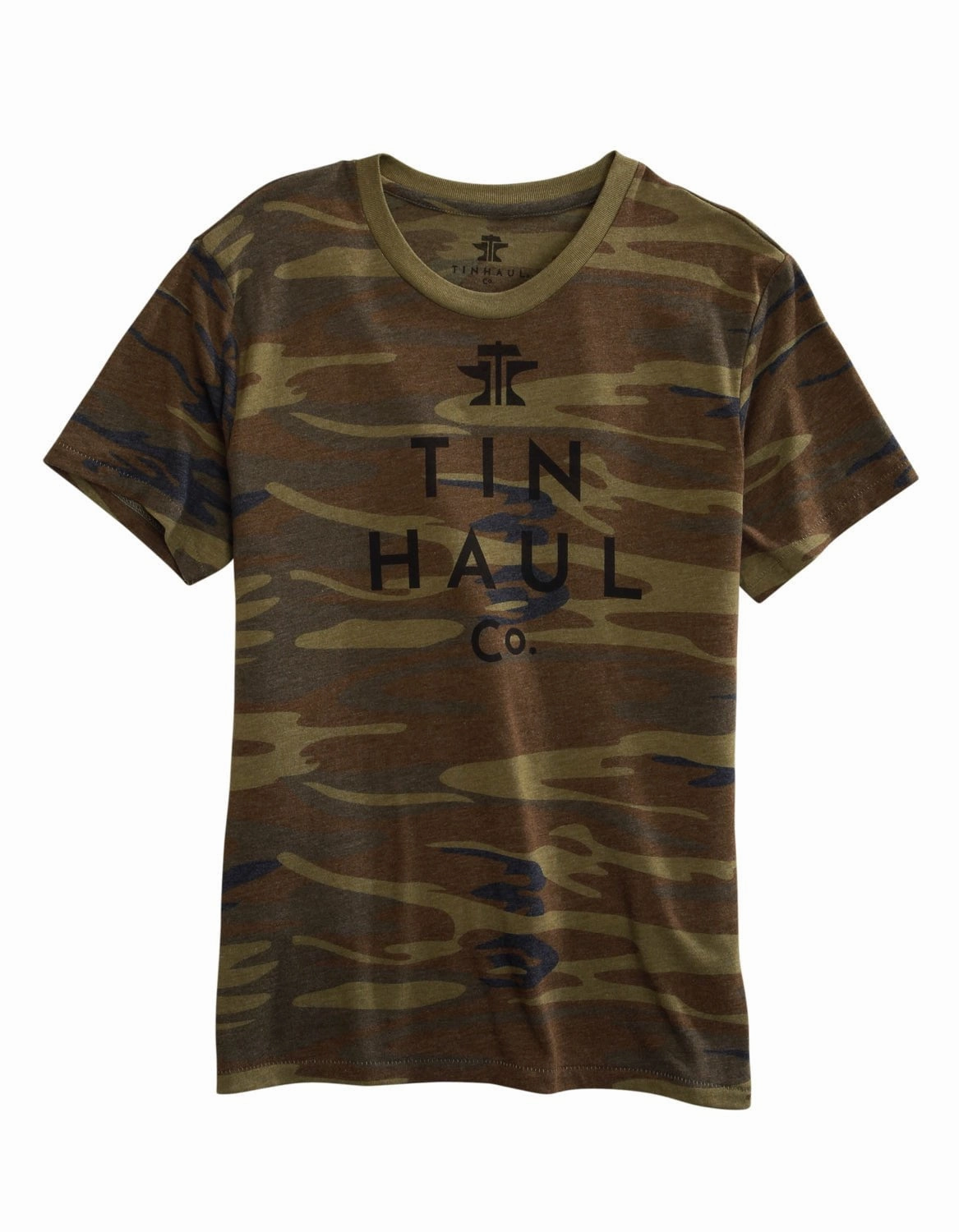 Tin Haul Mens Green Camo Cotton Blend Logo S/S T-Shirt Tailored Cuffs Reinforced Buttonholes