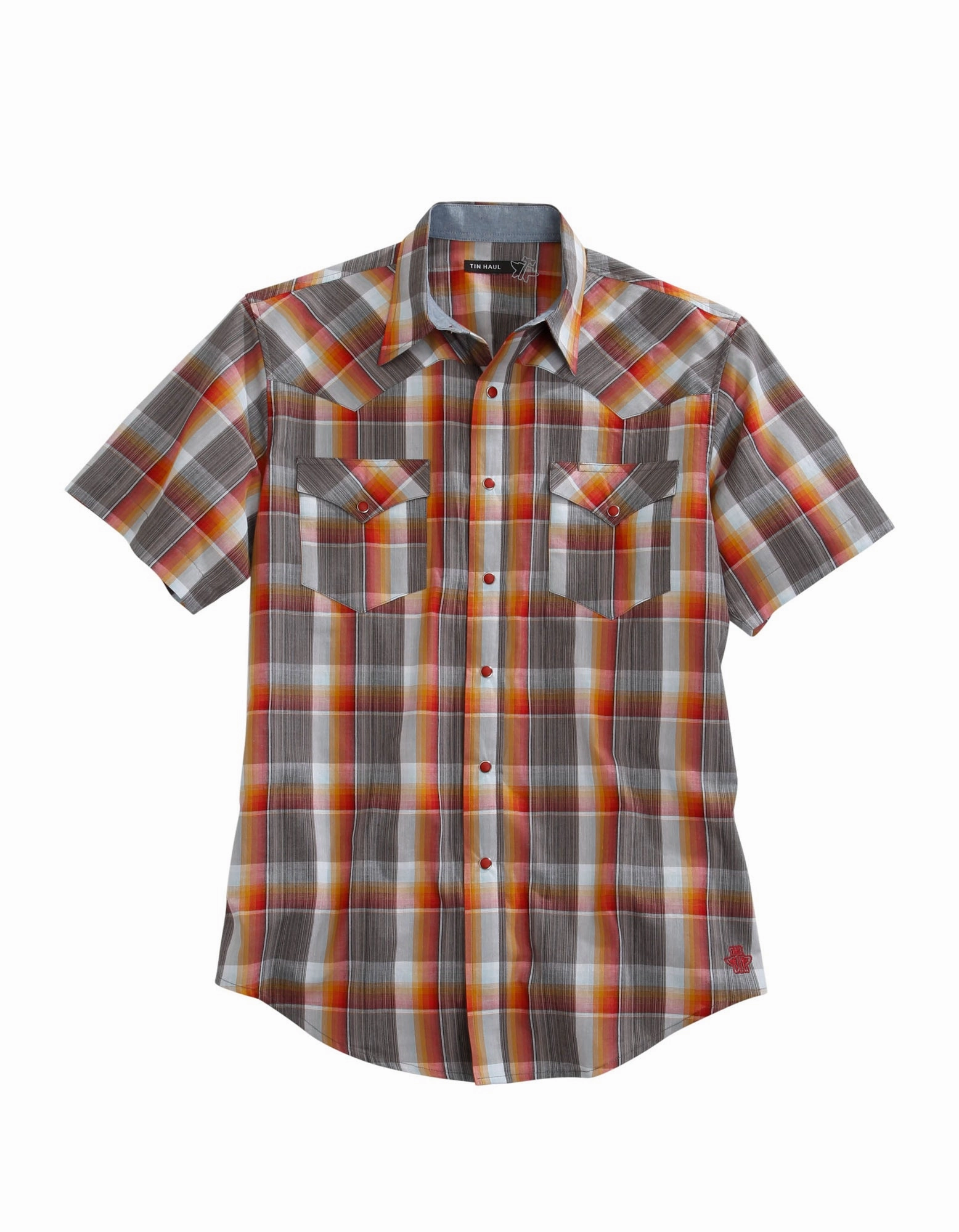 Tin Haul Mens Multi-Color 100% Cotton Rusty Plaid S/S Shirt Slim Silhouette