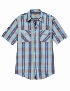 Tin Haul Mens Vintage Dobby Plaid Blue 100% Cotton S/S Shirt Double Needle Hemming