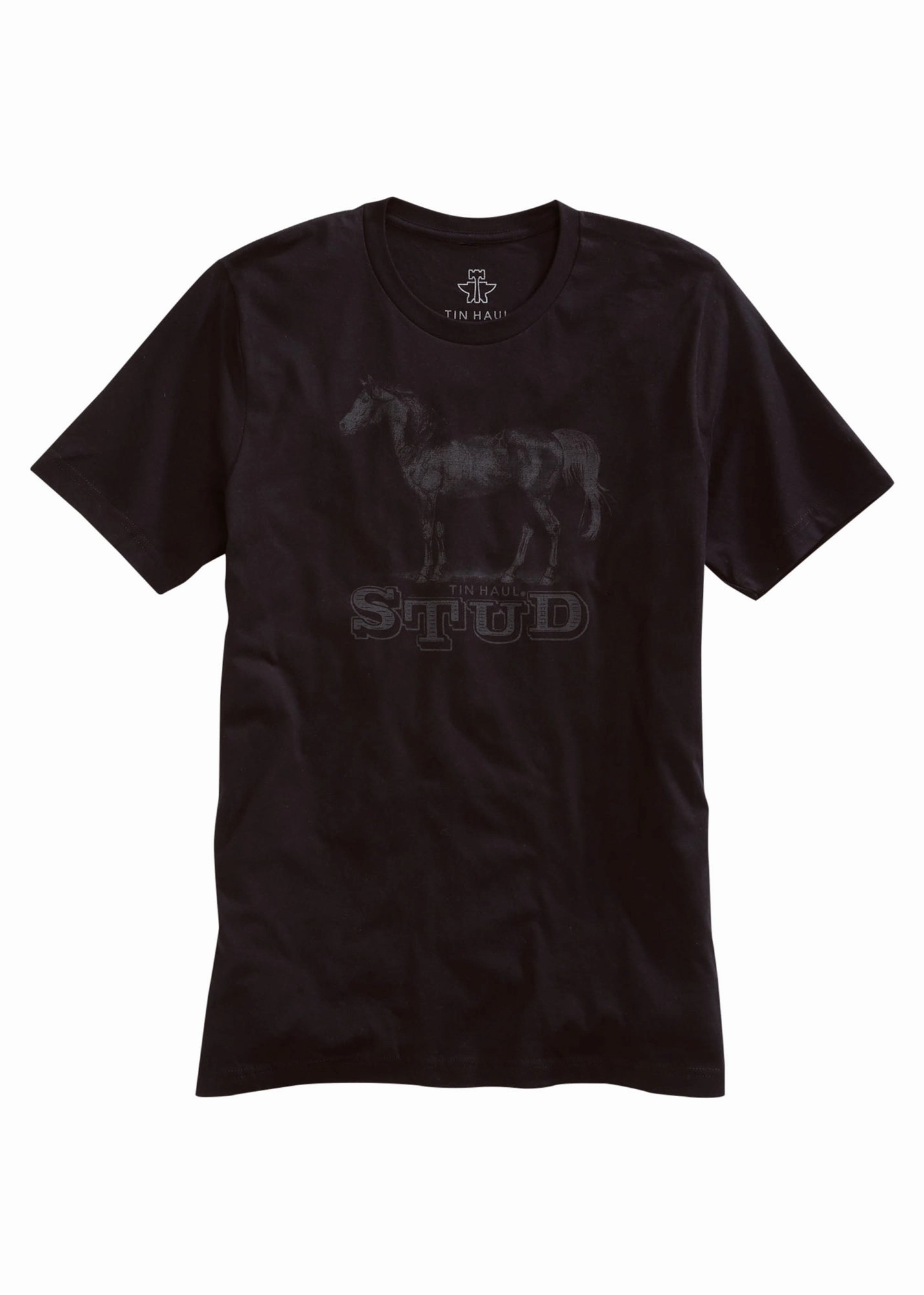Tin Haul Unisex Black 100% Cotton Stud Horse S/S T-Shirt Split hem