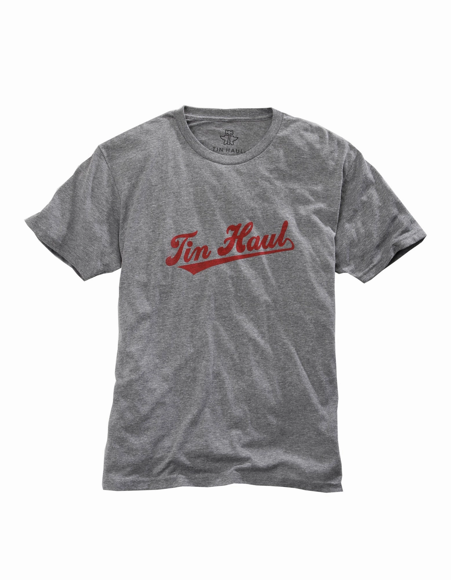crew neck Tin Haul Unisex Grey/Red Athletic Script S/S T-Shirt